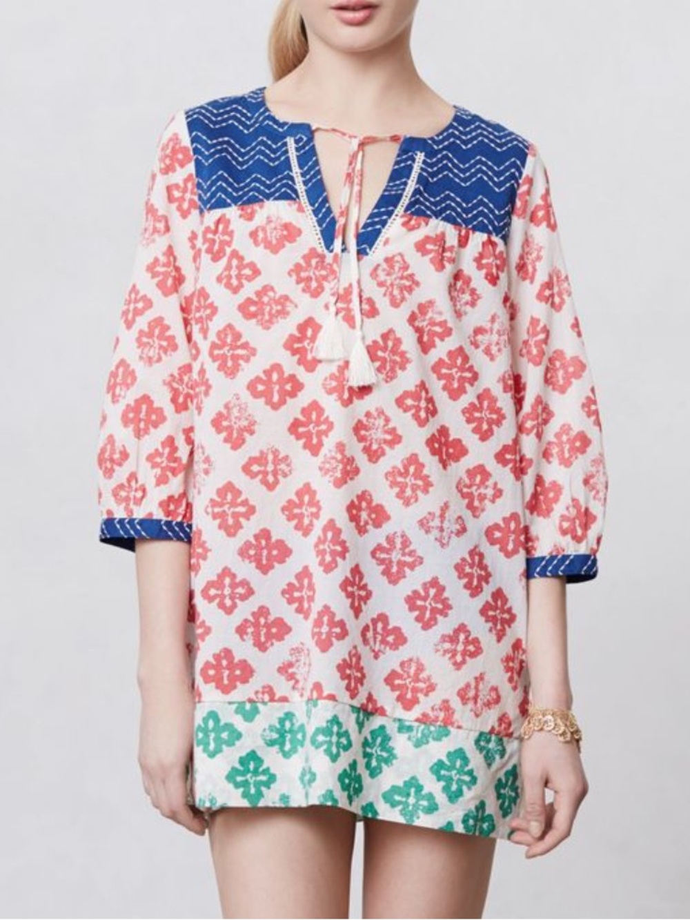 Anthropologie Mermaid Tunic Top Swim Cover up Medium V-neck Ties Tassels Relaxed